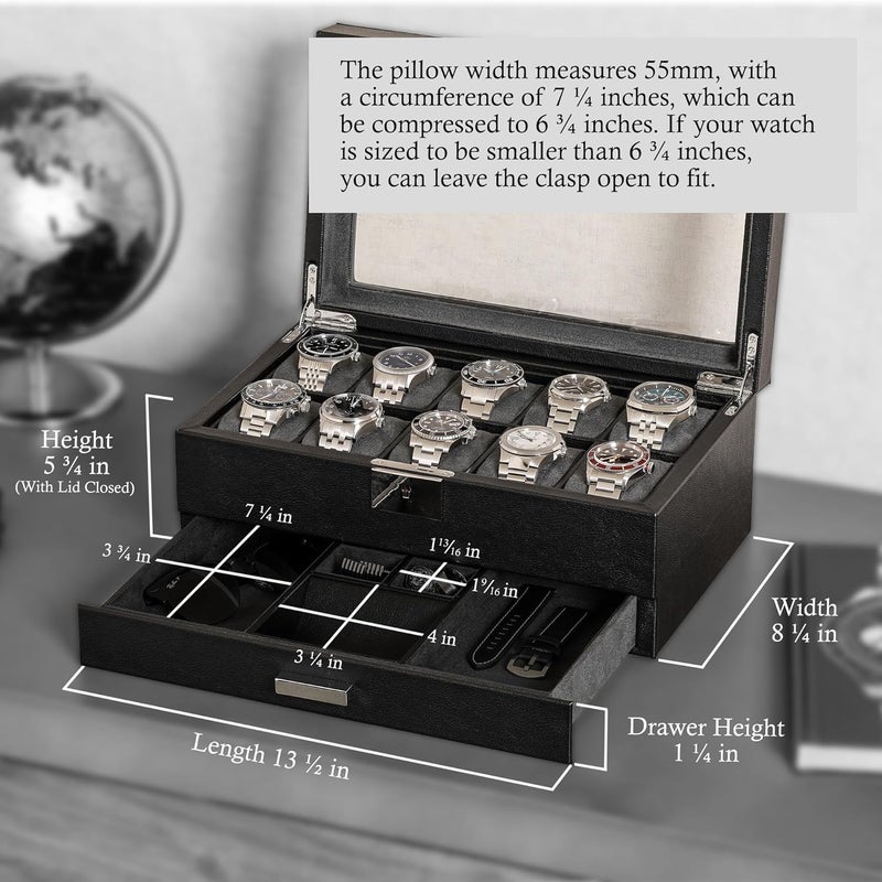 ROTHWELL 10-Slot Watch Box in Leather with Valet Drawer, Luxury Watch Case Display Organizer with Ultra Soft Microsuede Liner, Jewelry and Sunglass Holder With Large Glass top (Black/Grey) - Image 2